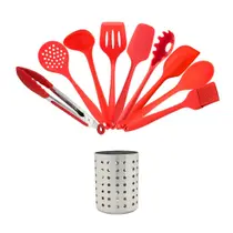Kit Utensílios de Silicone Inteiriço Vermelho 9 Peças + Suporte Em Aço Inox para Cozinha Premium