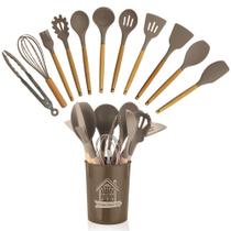 Kit Utensílios De Silicone Jogo Com 12 Peças Para Cozinha Com Cabo De Madeira