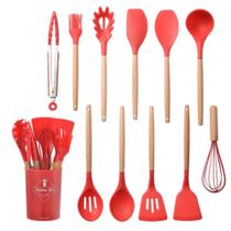 Kit Utensílios de Silicone para Cozinha 12 Peças Cabo Madeira Vermelho