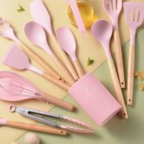 Kit Utensílios de Silicone para Cozinha 12 Peças com Cabo de Madeira e Suporte