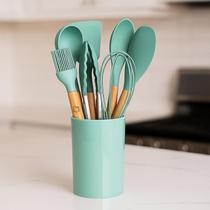 Kit Utensílios De Silicone Para Cozinha Espátula Colher Escumadeira Concha Não Risca Antiaderente
