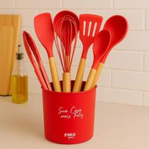 Kit Utensílios De Silicone Preto 7 Pçs Cabos Madeira Suporte