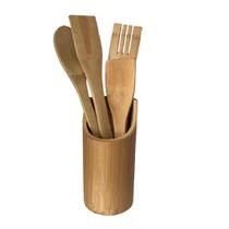 Kit Utensílios Em Bambu Colher Espátula Com Suporte 5 Pçs