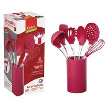 Kit Utensílios Euro Home 7 Peças Silicone Vermelho C/ Cabo Acrílico