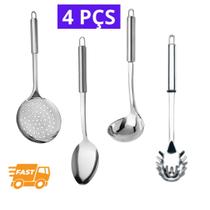 Kit Utensílios Inox 4 Peças Escumadeira Colher Concha Pegador De Massa - Kit Utensilio Inox