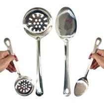 Kit Utensílios Inox Escovado Colher de Arroz Escumadeira Compacta Kit Utensílios Inox Escovado Colher de Arroz Escumadeira Compacta