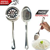 Kit Utensílios Inox Escovado Colher de Arroz Escumadeira Compacta