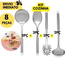 Kit Utensílios para Cozinha de Inox 8 Peças , 2 Conchas 2 Escumadeiras 2 Colheres de Arroz e 2 Pegadores de Massas, Ideal p/ sua casa Restaurantes.