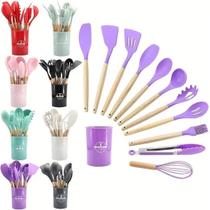 Kit Utensílios Para Cozinha em Silicone e Bambu 12 Pçs Lindo