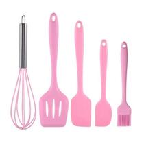 Kit Utensílios Pincel Espátula Silicone Rosa Cozinha Batedor