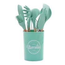 Kit Utensílios Premium Silicone Verde com Cabo Madeira 9 Pcs