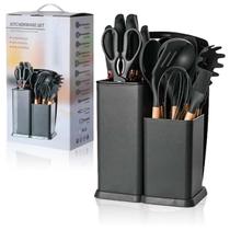 Kit Utensilios Silicone 19 pçs cabo de madeira s/ BPA Preto