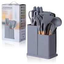 Kit Utensilios Silicone 19 pçs cabo de madeira sem BPA Cinza
