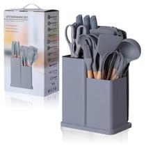 Kit Utensilios Silicone 19 peças cabo de madeira sem BPA