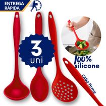 Kit Utensílios Silicone 3 Peças Concha + Escumadeira + Colher 28cm Resistente Alta Qualidade Cozinha Antiaderente Kit Utensílios Silicone 3 Peças Concha + Escumadeira + Colher 28cm Resistente Alta Qualidade Cozinha Antiaderente