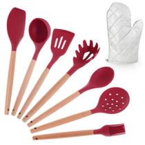 Kit Utensílios Silicone Cozinha com Cabo De Madeira 8 Peças