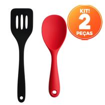 Kit Utensilios Silicone Premium Espatula Vazada E Colher Arroz Vermelho Nao Risca Suporta 230 Graus