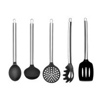 Kit Utensílios Silicone Preto Com Cabo Inox 5 Peças Concha Colher de Arroz e Pegador - JFZ IMPORT
