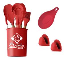 Kit Utensílios Vermelho Colheres Silicone Espátulas Fuê Pegador Colher Descanso Talheres Luva Dedo