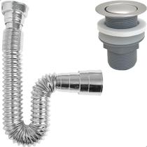 Kit Valvula Click ABS e Sifao Cromado Sanfonado Universal Extensivel Tampa Inox Pequena Banheiro Ralo De Pia 1 ¼ Lavatorio Tubo Flexivel Ajustável