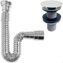 Kit Valvula Click ABS e Sifao Sanfonado Universal Cromado Extensivel Tampa Inox Kit Banheiro Ralo De Pia 7/8 Lavatorio e Tubo Flexivel Ajustável Escoa