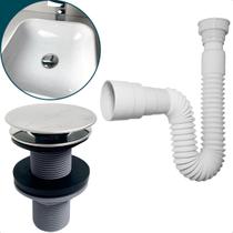 Kit Valvula Click ABS e Sifao Sanfonado Universal Extensivel Tampa Inox Kit Banheiro Ralo De Pia 7/8 Lavatorio e Tubo Flexivel Ajustável Escoamento Cu