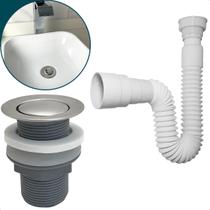 Kit Valvula Click ABS e Sifao Sanfonado Universal Extensivel Tampa Inox Pequena Kit Banheiro Ralo De Pia 1 1/4 Lavatorio Tubo Flexivel Ajustável Cuba