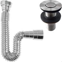 Kit Valvula Click e Sifao Cromado Sanfonado Universal Extensivel Banheiro Ralo Pia Inox 7/8 Tampa Pequena Tubo Flexivel Ajustável Escoamento Lavatorio