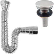 Kit Valvula Click e Sifao Sanfonado Cromado Universal Flexível Banheiro Ralo De Pia Inox 7/8 Lavatorio Tubo Flexivel Ajustável Escoamento Cuba Lavabo