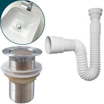 Kit Valvula Click e Sifao Sanfonado Universal Extensivel e Banheiro Ralo De Pia Inox 1 1/4 Tampa Pequena Tubo Flexivel Ajustável Escoamento Lavatorio