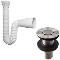 Kit Valvula Click e Sifao Sanfonado Universal Extensivel e Banheiro Ralo De Pia Inox 7/8 Tampa Pequena Tubo Flexivel Ajustável Escoamento Lavatorio