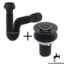 Kit Válvula Click Preta Botão P Lavatório Cuba Sifão Universal Extensivo Preto