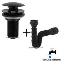 Kit Válvula Click Preta Lavatório Cuba Sifão Sanfonado Universal Extensivo Preto