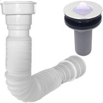 Kit Válvula Lavatório ABS Inox ⅞ Cuba Sifão Universal Sanfonado Branco Extensível Flexível Banheiro Lavabo Pia 30mm