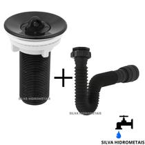 Kit Válvula Preta Lavatório 7/8 Cuba Sifão Sanfonado Universal Extensivo Preto