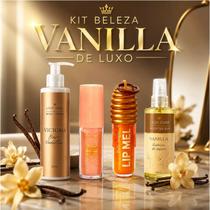 Kit Vanilla de Luxo Body Cream Body Splash Iluminador Gloss Lip Mel tudo para um Brilho Irresistível