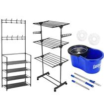 Kit Varal de Chão Dobrável 3 Andares com Sapateira Organizador Porta Sapatos e Balde Mop Esfregao Giratório 360 8L Fasterr Kit Varal de Chão Dobrável 3 Andares com Sapateira Organizador Porta Sapatos e Balde Mop Esfregao Giratório 360 8L Fasterr