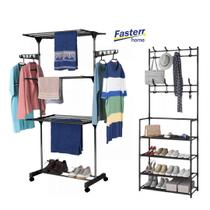 kit Varal de Chão Dobrável 3 Andares em Aço Inox e Sapateira Organizador Porta Sapatos 12 Pares fasterr