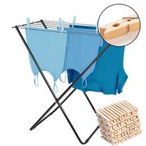 Kit Varal De Chão Slim Preto Sem Abas + 36 Unidades Pregadores Madeira Prendedor De Roupas