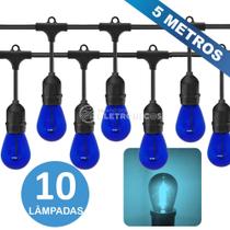 Kit Varal de Luzes Iluminado Com 10 Lâmpadas LED S14 Retrô Econômica 1W 110v 5 Metros Azul KIT026
