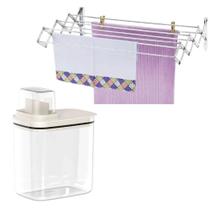 Kit Varal Parede Sanfonado 80cm e Dispenser Amaciante Sabão Líquido 1,5L Organizador Lavanderia
