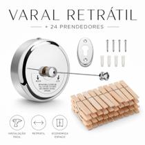 Kit Varal Retrátil 3m Aço Inox 24 Prendedores Madeira Reforçados Lavanderia Apartamento Banheiro Kit Varal Retrátil 3m Aço Inox 24 Prendedores Madeira Reforçados Lavanderia Apartamento Banheiro