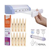 Kit Varal Rotoflex Automatico 5 Cordas + 10 Prendedor De Roupa Madeira Kit Varal Rotoflex Automatico 5 Cordas + 10 Prendedor De Roupa Madeira