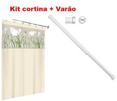 Kit Varão Banheiro 90 x 140 + Cortina Box Copo Leite Bege - Maxeb