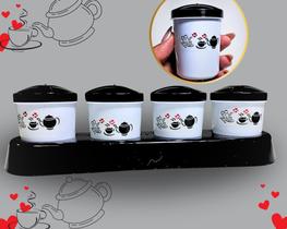 Kit Vasilhas Porta Tempero 4 Potes de Condimentos + Suporte Plástico Resistente Decorado Estampa