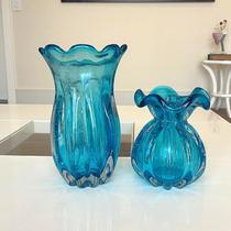 Kit Vaso de Vidro Murano Azul Aquamarine (2 Peças)