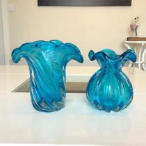 Kit Vaso de Vidro Murano Azul Aquamarine (2 Peças)
