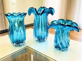 Kit Vaso de Vidro Murano Azul Aquamarine (3 Peças)