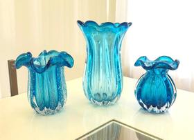 Kit Vaso de Vidro Murano Azul Aquamarine (3 Peças)