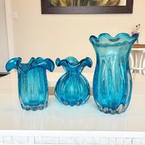 Kit Vaso de Vidro Murano Azul Aquamarine (3 Peças)